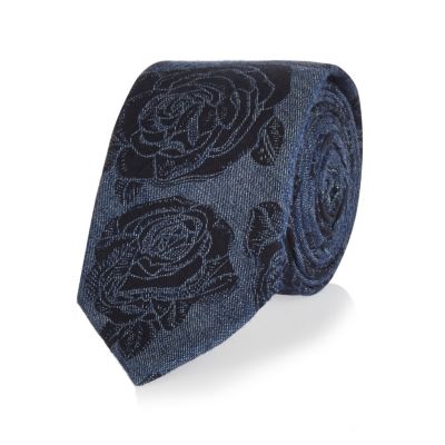 Blue chambray floral tie